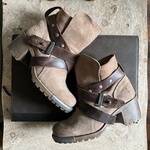 Fly London Lok Boots, suede with leather trim, distressed style, sz 7